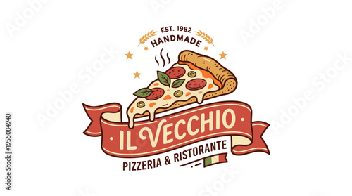 A sleek logo featuring a pizza slice and ribbon, set against a white backdrop, rendered in a vibrant, hand‑drawn retro style for an Italian restaurant or food delivery brand