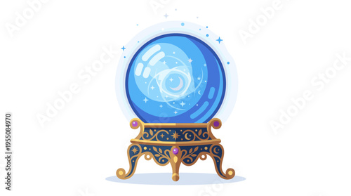 Flat vector illustration of a magic ball: a crystal sphere on a stand, symbolizing wizardry, divination, fortune telling, and sorcery, presented as a spirit-communication item on a white background
