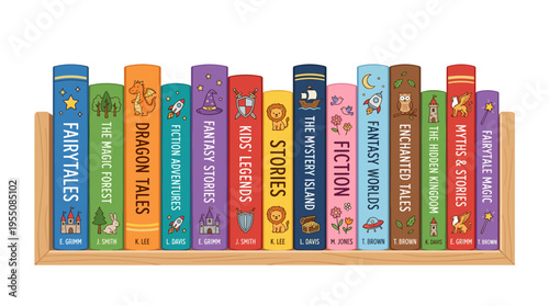 A children's library shelf displays upright books of fairy tales, fiction, and fantasy, with covers and spines ready for reading, rendered as a flat vector illustration on a white background