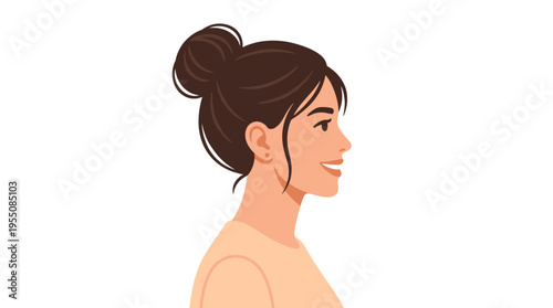 A young woman in profile, hair in a bun, smiles as she looks to the side, depicted in a modern, attractive female face from a side view with her head turned, rendered as a flat vector illustration on
