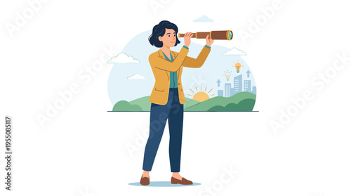 A woman gazes ahead through a spyglass, seeking fresh ideas, opportunities, and horizons, as an ambitious figure exploring future possibilities in a flat vector illustration set against a white