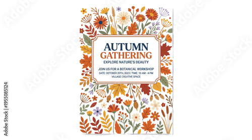 A card featuring blooming flowers, foliage, and a text area, set against a vertical floral backdrop, styled as an autumn nature flyer with a modern flat vector botanical banner of soft wildflowers