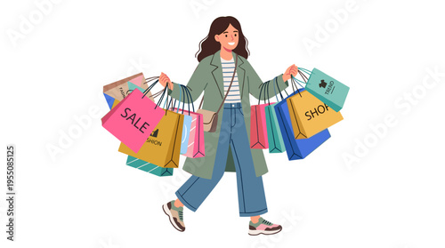 A female shopper, a fashion enthusiast, carries numerous bags in a flat vector illustration set against a white background