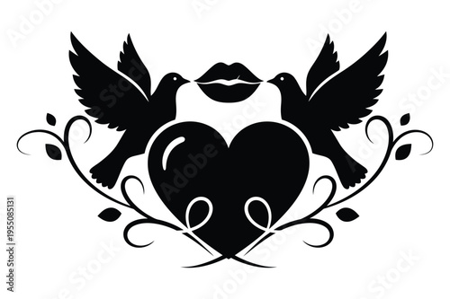Love doves with heart and lips silhouette