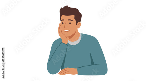 A cheerful man gazes with enthusiasm, smiling and attentive as he listens, fully engaged while watching something and resting his head on his hand in a flat vector illustration set against a white