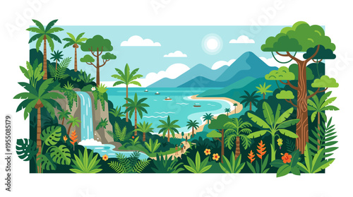 A tropical forest scene featuring lush green foliage of exotic trees and plants, set against a backdrop of sea, mountains, and sky, rendered in a modern horizontal vector illustration