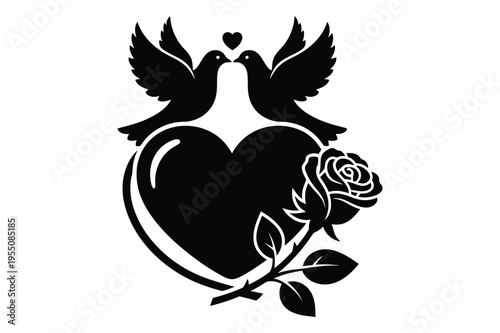Heart with kissing doves and rose silhouette