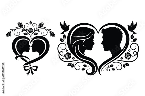 Heart with couple profiles and doves silhouette