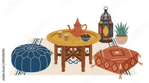 A Moroccan table, traditional Moroccan furniture, Berber Marrakech décor in chic boho oriental style, classy Moroccan décor, all rendered as a flat graphic vector illustration on a white background