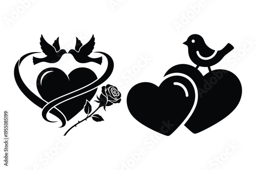 Hearts with doves and rose silhouette art