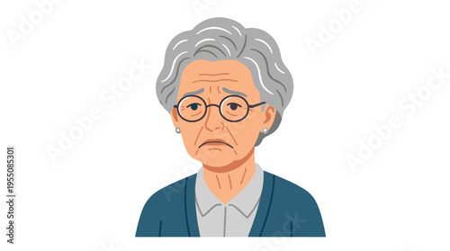 Portrait of an elderly woman with a wrinkled face, depicted as a senior female character wearing glasses, shown as a head avatar; she appears sad, with gray hair and round spectacles, rendered as a