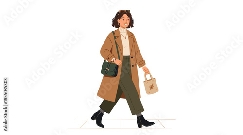 A fashionable contemporary woman in an autumn wardrobe, sporting a coat and bag, surrounded by people in chic, urban casual attire, depicted in a colored flat vector illustration set against a white