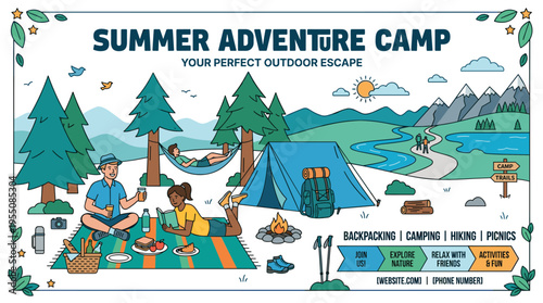 Design a summer camp poster, an invitation card, and a promotion flyer with a vertical ad banner, depicting tourists and campers relaxing in nature while picnicking at a campsite, all rendered in