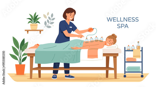 A skilled massage therapist applies vacuum cupping body therapy at a salon while a patient enjoys spa physiotherapy, depicted in a colorful flat cartoon vector illustration on a white background
