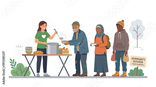 A volunteer distributes food to the hungry, including the poor, homeless men, and refugees, sharing meals outdoors as a donation. The image is a flat vector illustration on a white background