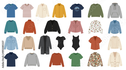 A collection of fashionable shirts, t‑shirts, cardigans, and blouses, alongside modern tops, sweatshirts, jumpers, knitted sweaters, and casual garments, presented as flat vector illustrations on a