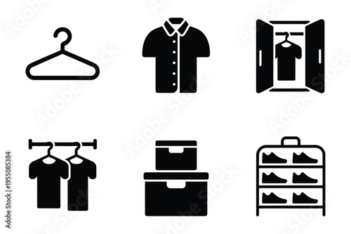 Vector icons of wardrobe and clothing storage with shoe rack