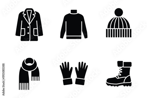 Winter apparel icons: coat, sweater, hat, scarf, gloves, boots