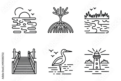 Nature line icons set: coast, wetland, bird, dock