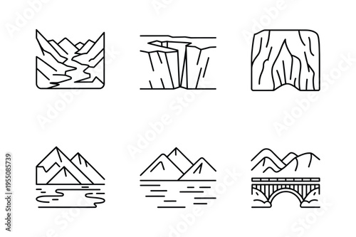 Mountain range and river icons set: vector illustrations
