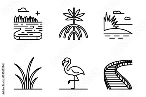 Nature line icons set: wetland, flamingo, grass, boardwalk