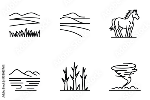 Rural landscape icons: horse, fields, mountains, tornado