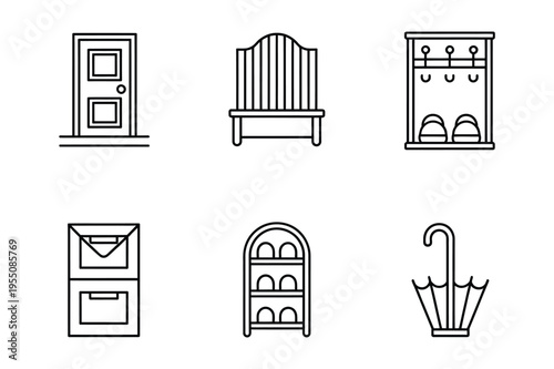 Home entrance icons: door, bench, coat rack, mailbox