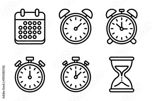 Time icons: calendar, alarm clocks, stopwatch, hourglass