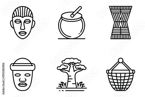 African culture icons: mask, baobab tree, drum, basket