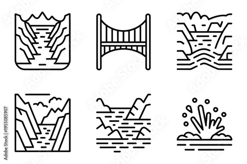 Nature landscape icons: mountains, river, geyser, canyon