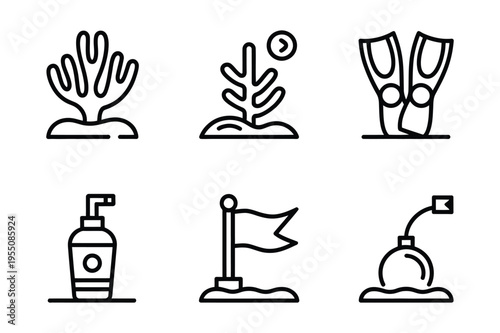 Ocean and diving icons: coral, flippers, sunscreen, buoy