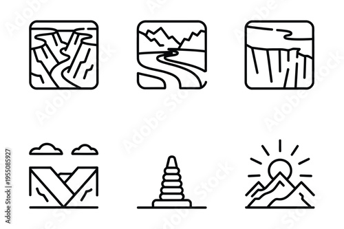 Mountain and nature icons: canyon, valley, sun, ridge