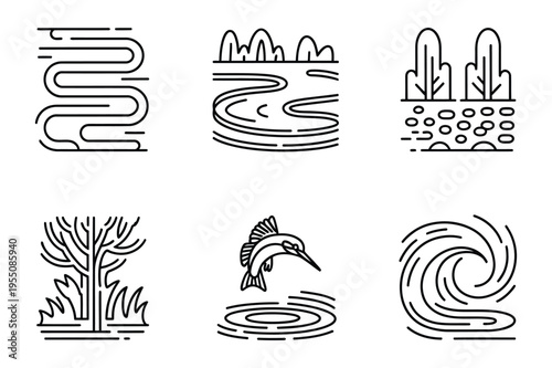 Nature elements icons: river, trees, fish, whirlpool