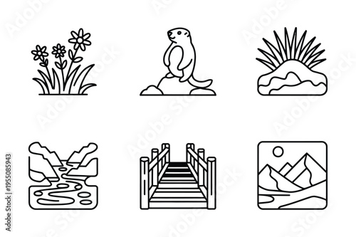 Wildlife and nature icons: flower, groundhog, mountain