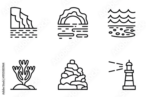 Coastal landscape and seaside icons collection line art