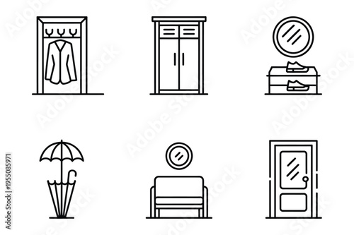 Entryway and hallway furniture icons line art set