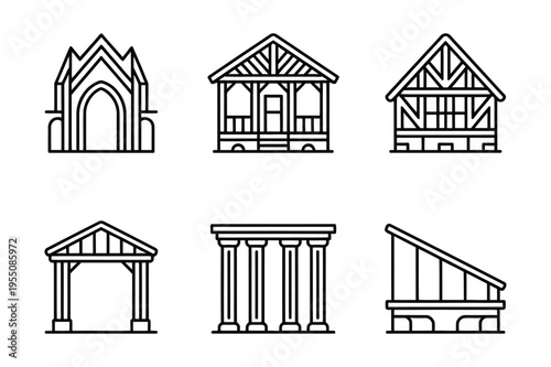 Building icons: gothic, house, hut, arch, columns