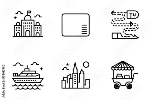 Cityscape and travel icons line art collection