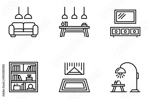 Interior design and home furniture icons line art