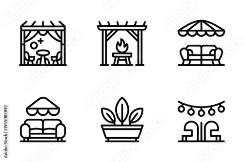 Outdoor patio and garden furniture icons line art