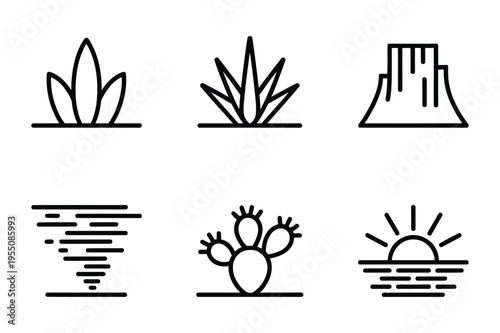Desert landscape and nature icons line art collection