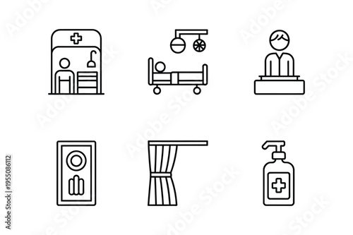 Hospital and medical icons - bed, doctor, hand sanitizer