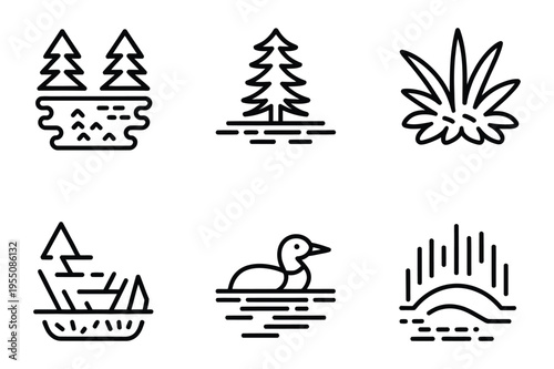 Nature icons - forest, duck, aurora borealis