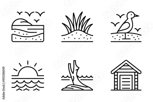 Simple nature icons: landscape, bird, beach hut, sunrise