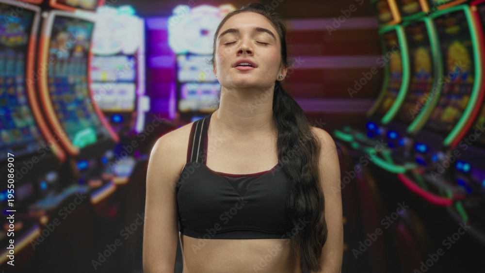 Fototapeta premium Woman with long hair standing with eyes closed and smiling softly before slot machine in casino; serenity.