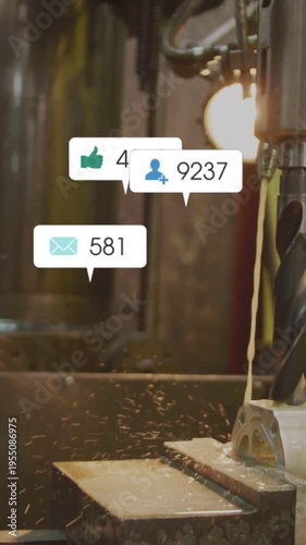 Vertical video: Mill engaging part for machining fluid flowing chips flying social bubbles counting