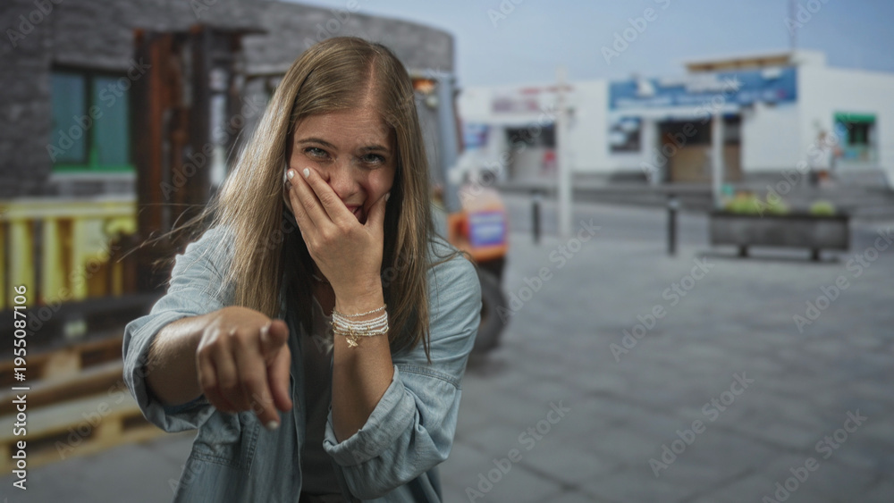 Fototapeta premium Young blonde woman points finger to camera while covering mouth in laughter on urban street; amusement.