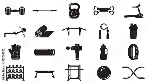Various pieces of black workout equipment, including weights, mats, and machines, are displayed for fitness activities.