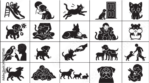 A collection of black and white glyph icons depicts various domestic animals interacting with people and objects.