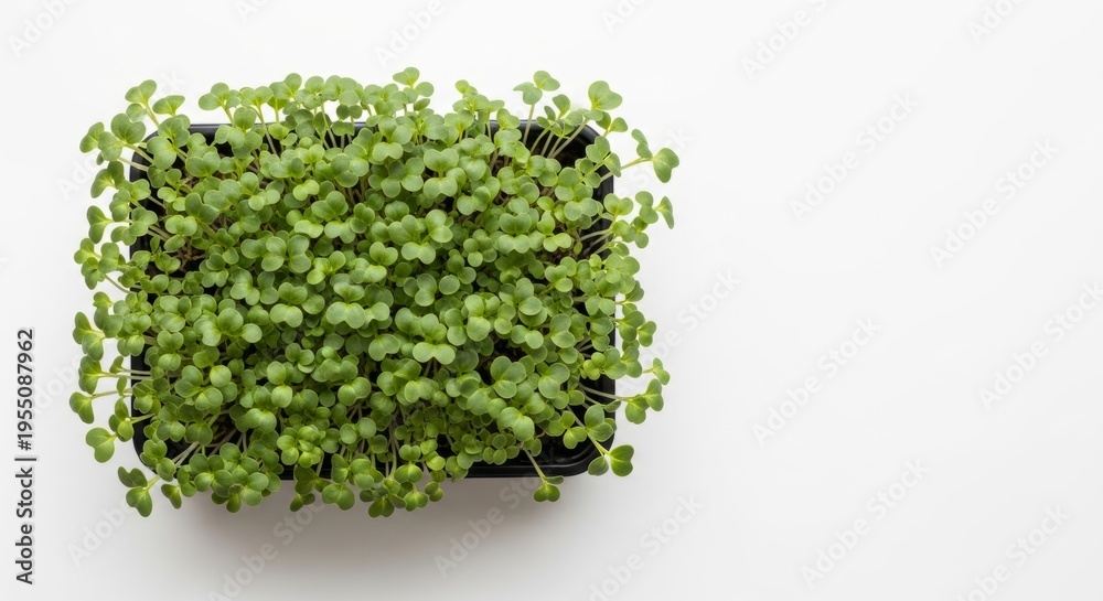 Obraz premium Fresh green microgreens in black tray on white background